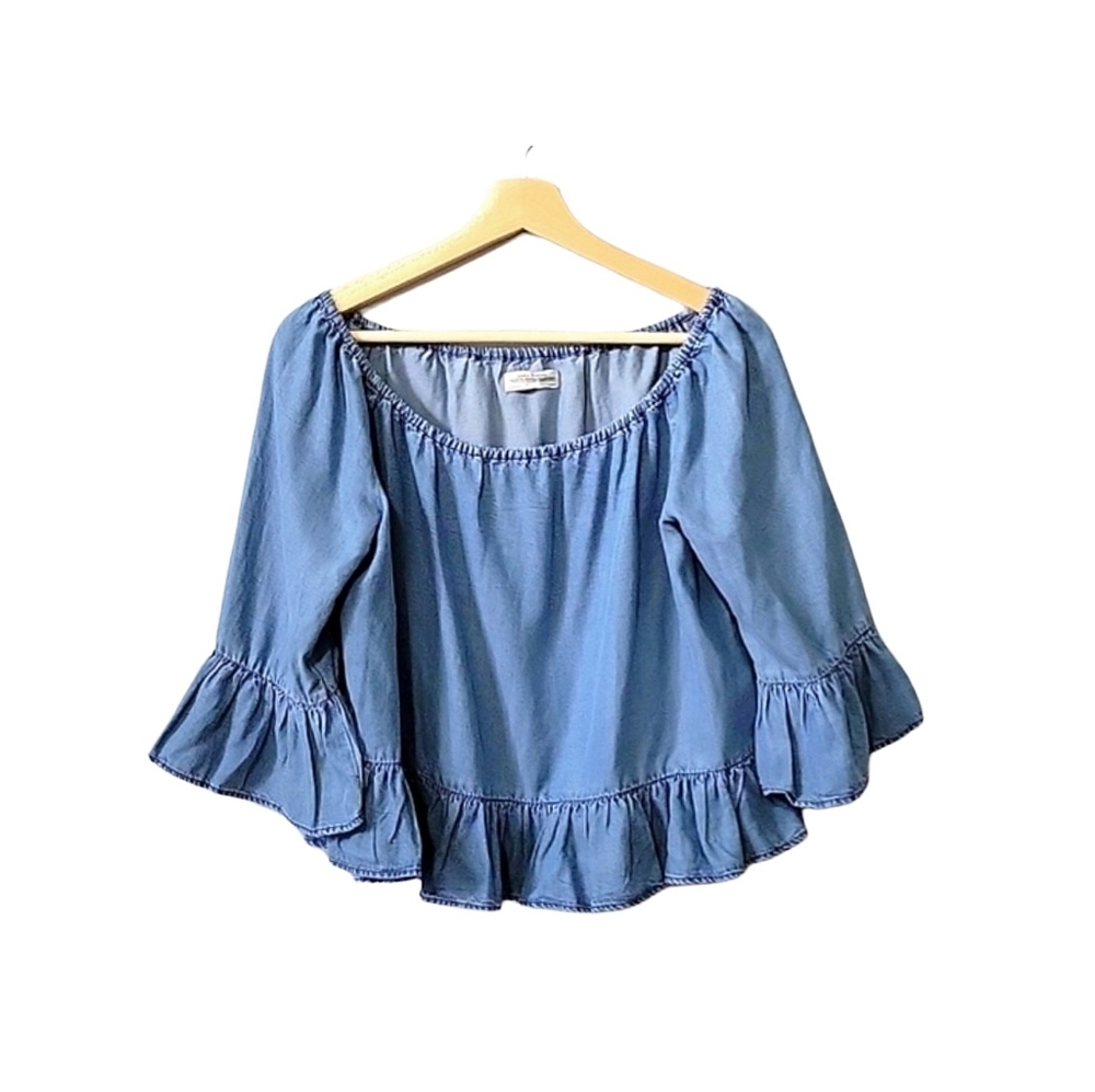 Zara Off The Shoulder Blue Denim Chambray Peplum 3/4 Sleeve Peasant Top Size M